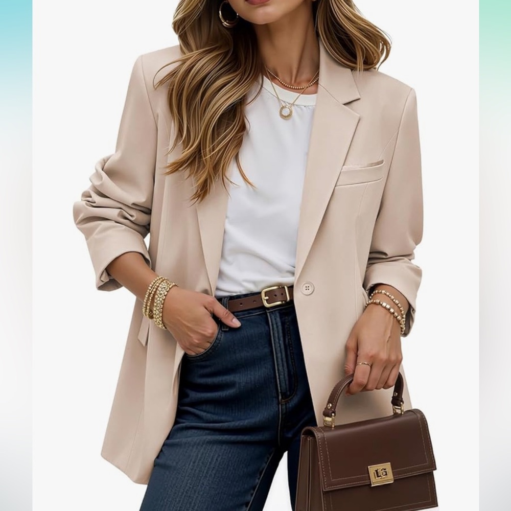 Kelyaa NWT M TAN 3/4 sleeve fully lined double breasted pockets Blazer